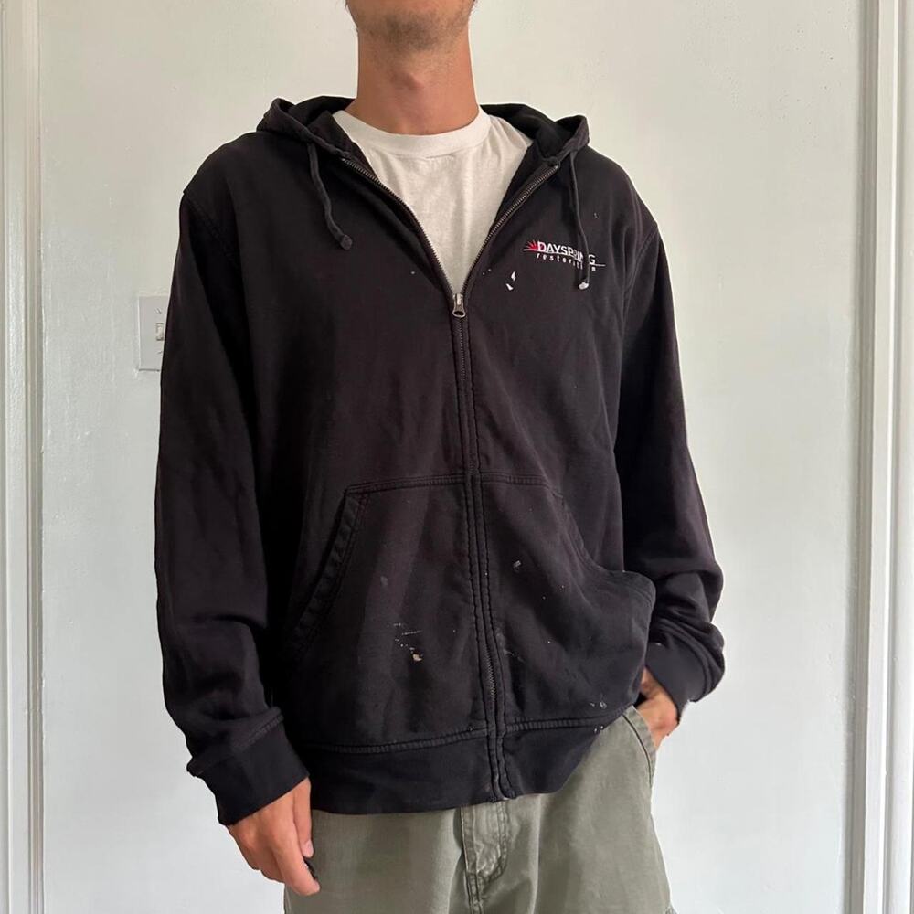 Vintage Y2K Lands End Black Thrashed Painter Black Cotton Zip Up Hoodie